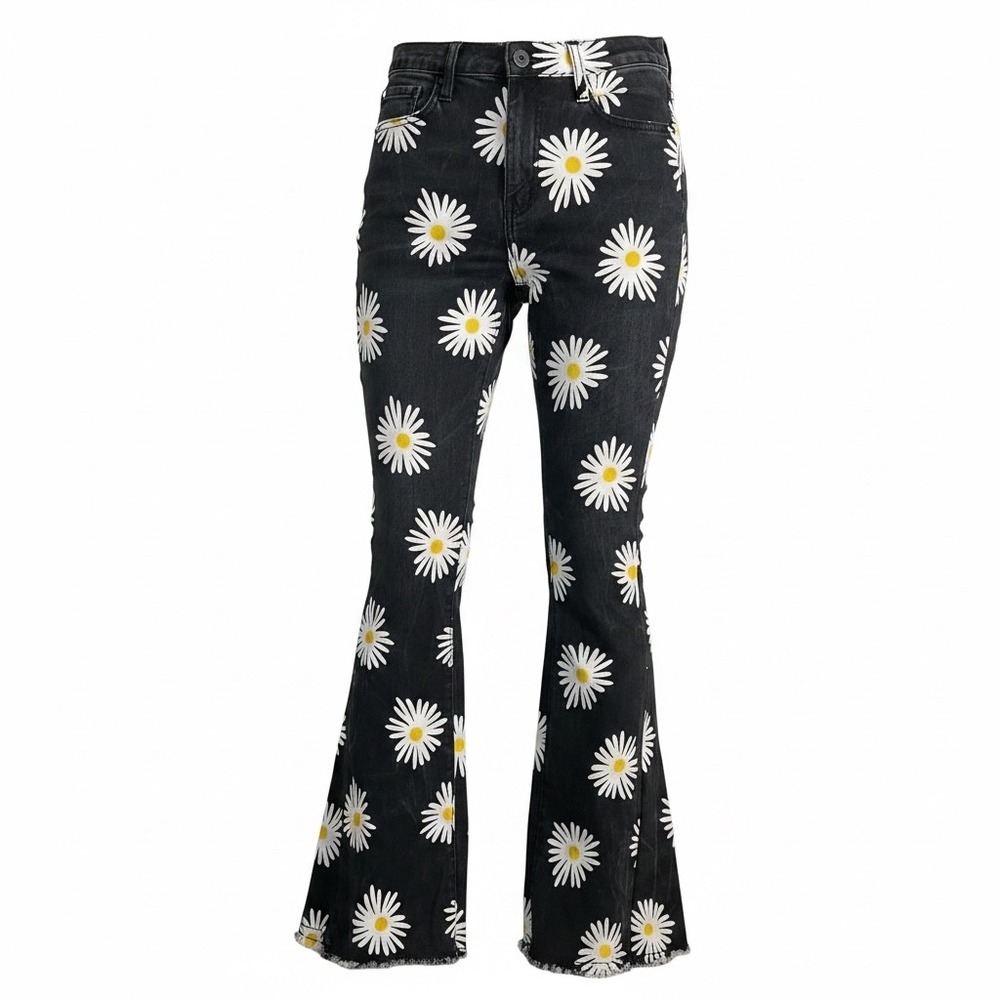 Attard State Black Daisy Floral Print Flare Jeans Stretchy Bell Bottoms Size M